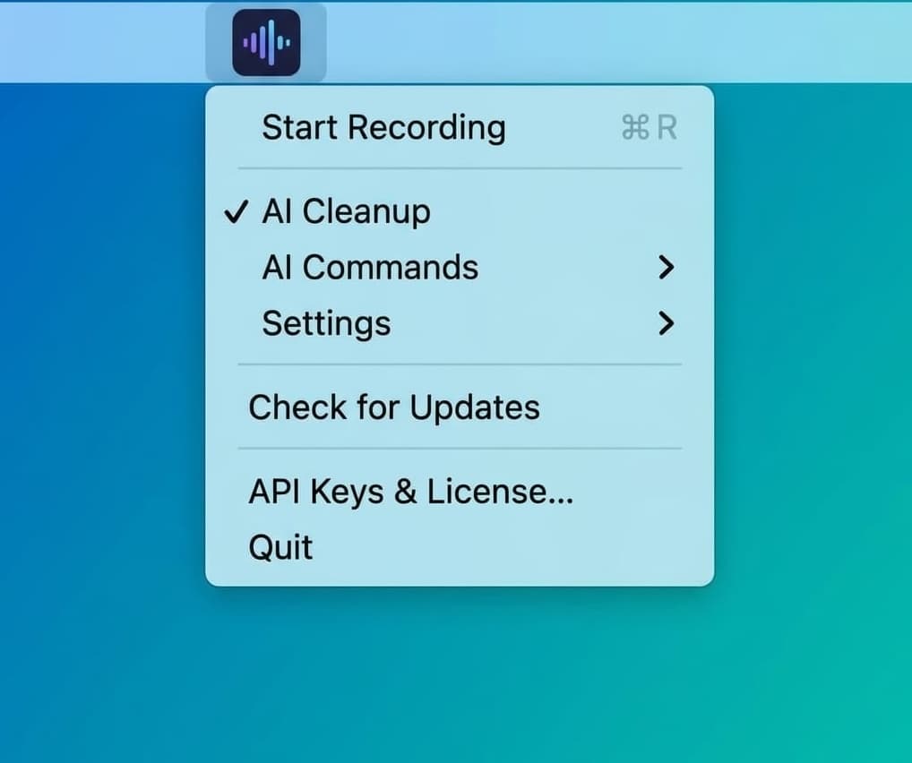 OutstaFlow menu bar — Start Recording, AI Cleanup, AI Commands, and Settings